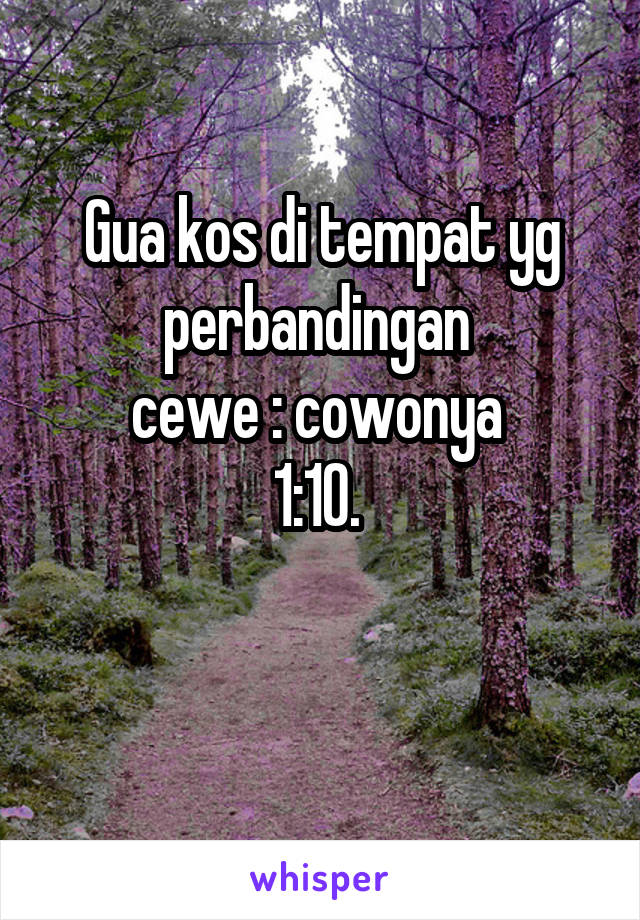 Gua kos di tempat yg perbandingan 
cewe : cowonya 
1:10. 

