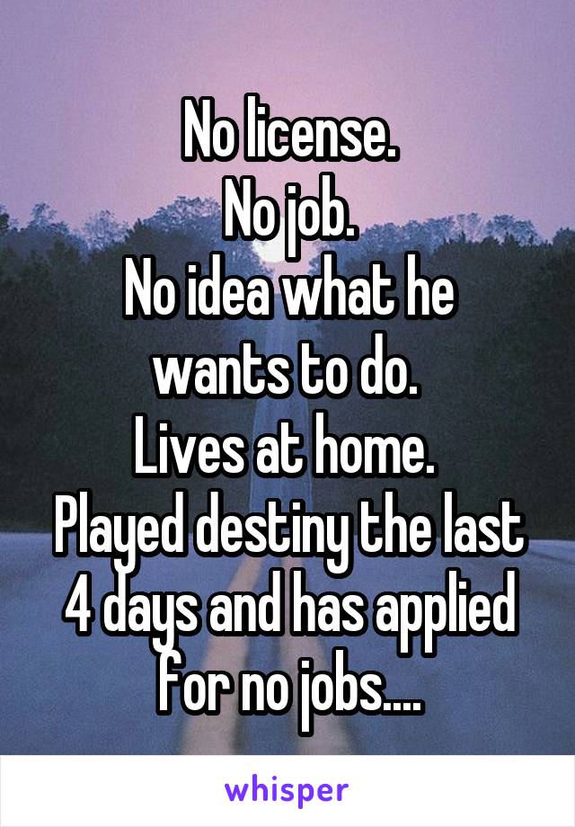 No license.
No job.
No idea what he wants to do. 
Lives at home. 
Played destiny the last 4 days and has applied for no jobs....