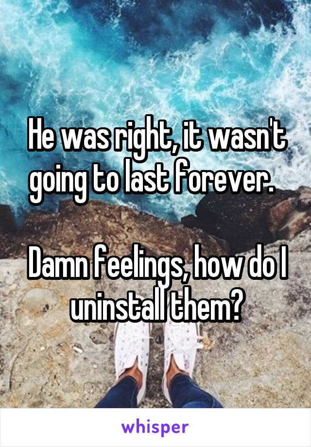 He was right, it wasn't going to last forever.  

Damn feelings, how do I uninstall them?