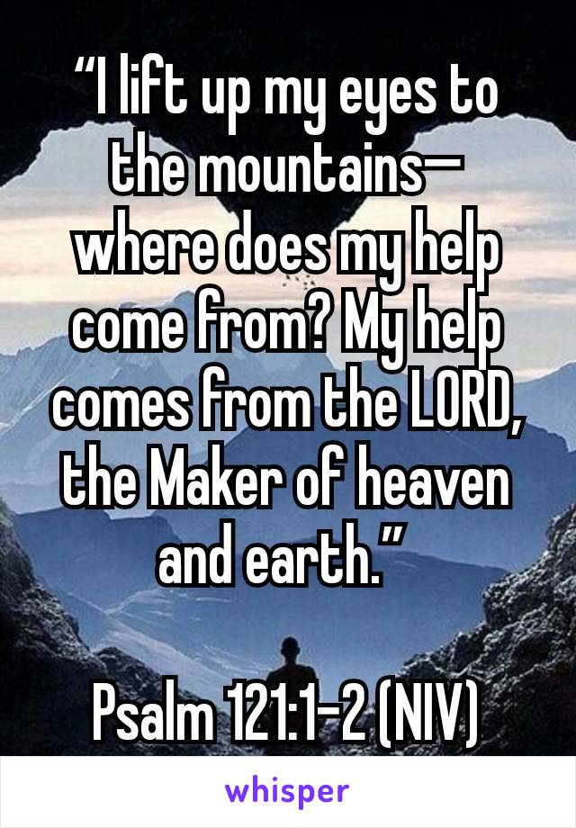 “I lift up my eyes to the mountains— where does my help come from? My help comes from the LORD, the Maker of heaven and earth.” 

Psalm 121:1-2 (NIV)