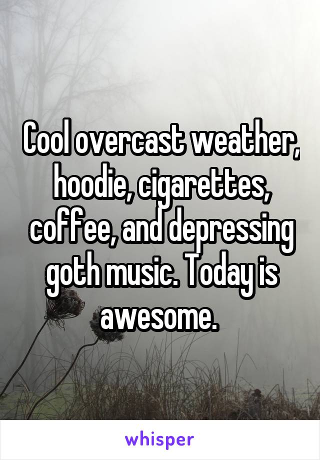 Cool overcast weather, hoodie, cigarettes, coffee, and depressing goth music. Today is awesome. 