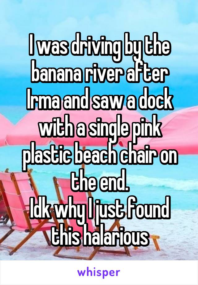 I was driving by the banana river after Irma and saw a dock with a single pink plastic beach chair on the end.
Idk why I just found this halarious