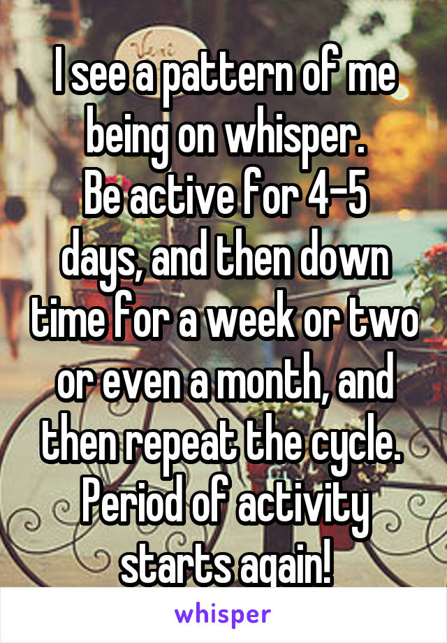 I see a pattern of me being on whisper.
Be active for 4-5 days, and then down time for a week or two or even a month, and then repeat the cycle. 
Period of activity starts again!