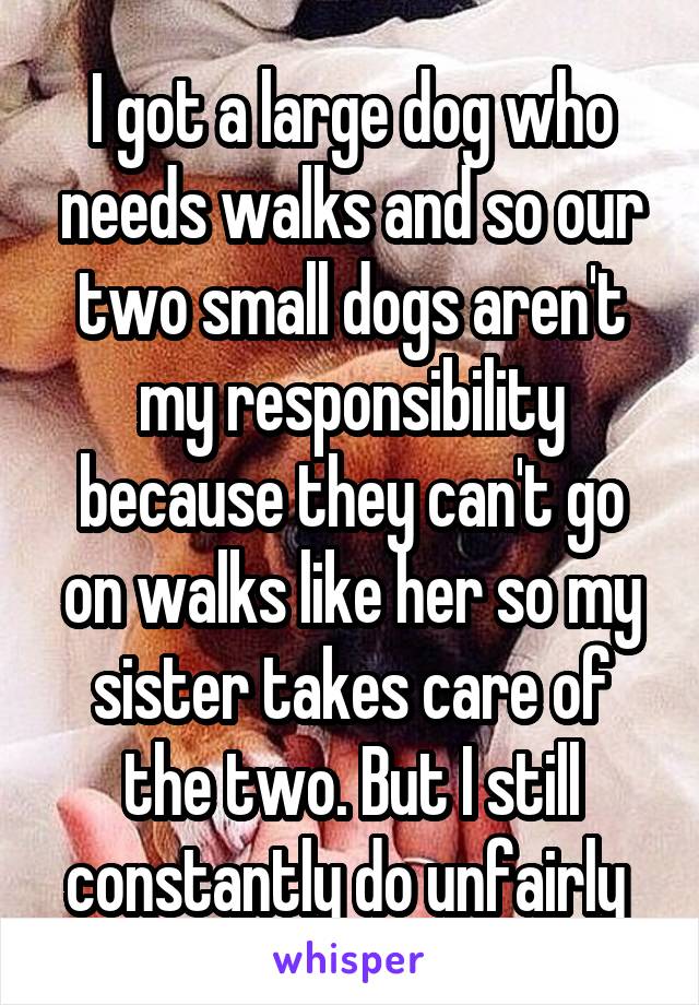 I got a large dog who needs walks and so our two small dogs aren't my responsibility because they can't go on walks like her so my sister takes care of the two. But I still constantly do unfairly 