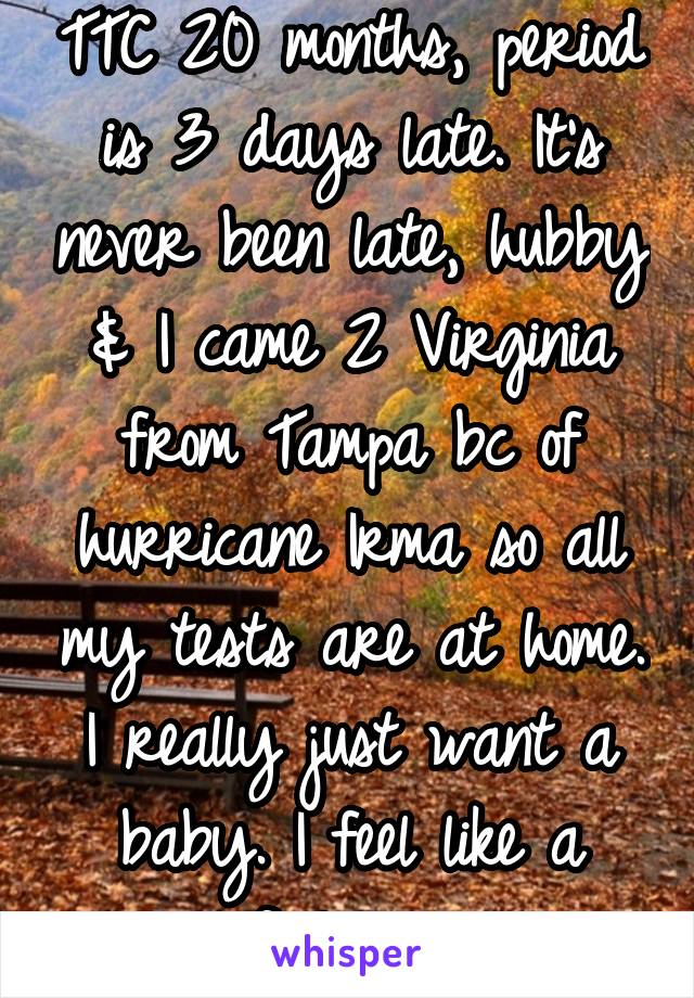 TTC 20 months, period is 3 days late. It's never been late, hubby & I came 2 Virginia from Tampa bc of hurricane Irma so all my tests are at home. I really just want a baby. I feel like a failure. 