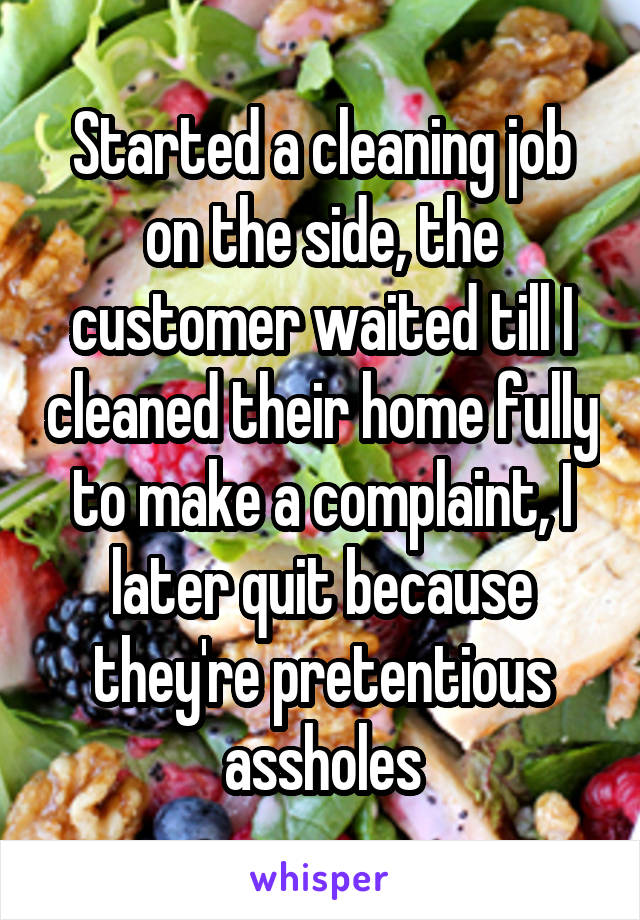 Started a cleaning job on the side, the customer waited till I cleaned their home fully to make a complaint, I later quit because they're pretentious assholes