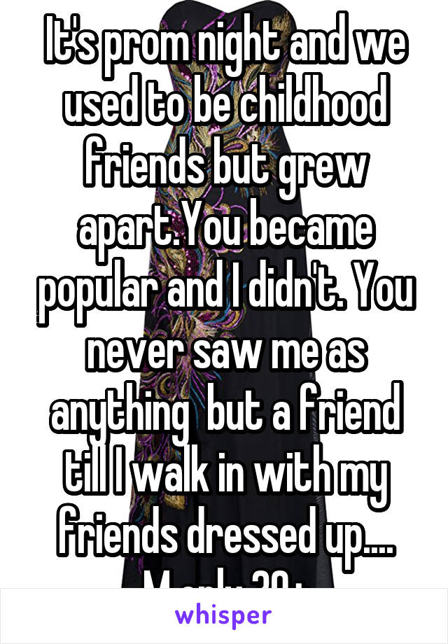 It's prom night and we used to be childhood friends but grew apart.You became popular and I didn't. You never saw me as anything  but a friend till I walk in with my friends dressed up....
M only 30+