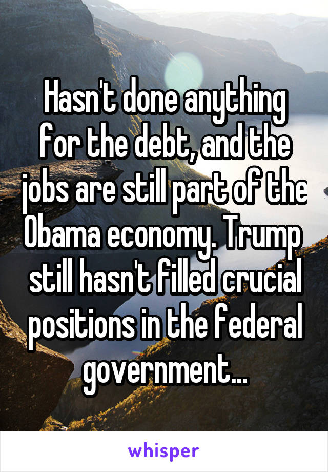 Hasn't done anything for the debt, and the jobs are still part of the Obama economy. Trump  still hasn't filled crucial positions in the federal government...