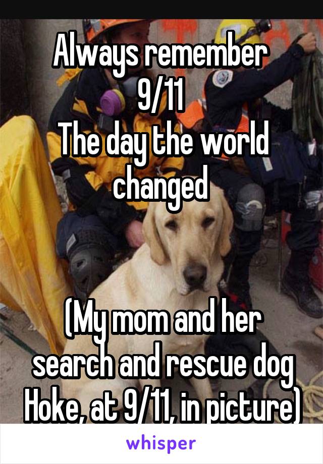 Always remember 
9/11 
The day the world changed 


(My mom and her search and rescue dog Hoke, at 9/11, in picture)