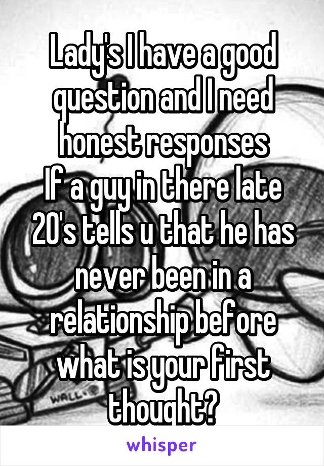 Lady's I have a good question and I need honest responses
If a guy in there late 20's tells u that he has never been in a relationship before what is your first thought?