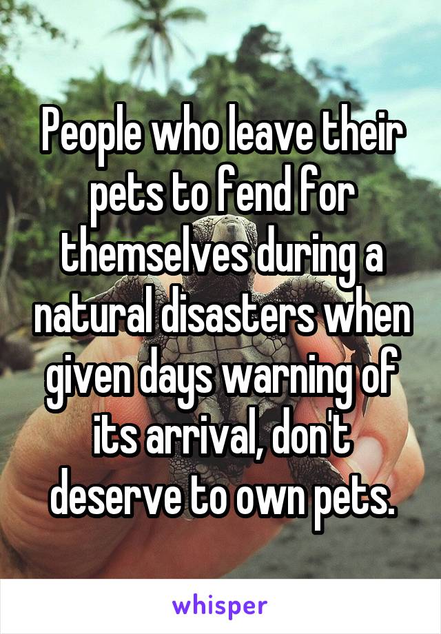 People who leave their pets to fend for themselves during a natural disasters when given days warning of its arrival, don't deserve to own pets.