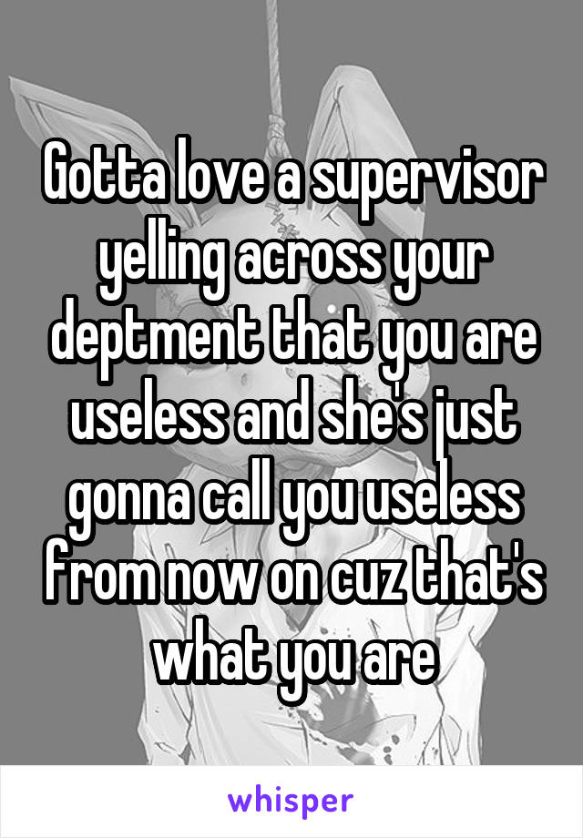 Gotta love a supervisor yelling across your deptment that you are useless and she's just gonna call you useless from now on cuz that's what you are