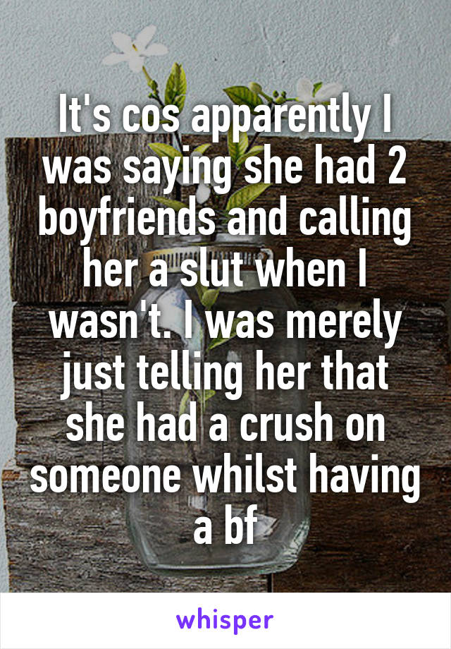 It's cos apparently I was saying she had 2 boyfriends and calling her a slut when I wasn't. I was merely just telling her that she had a crush on someone whilst having a bf