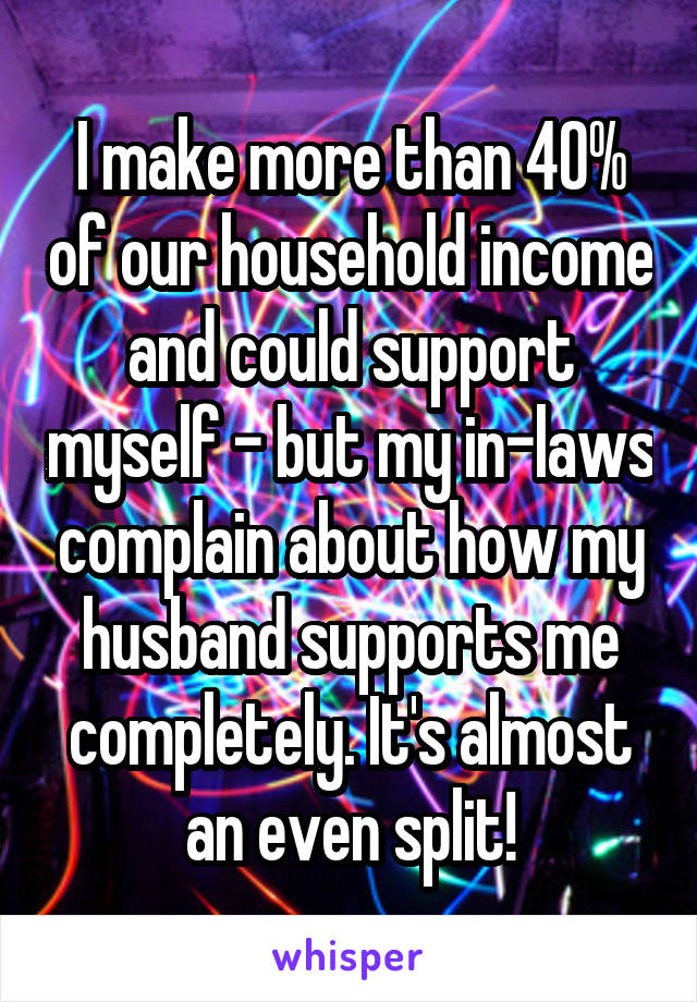 I make more than 40% of our household income and could support myself - but my in-laws complain about how my husband supports me completely. It's almost an even split!