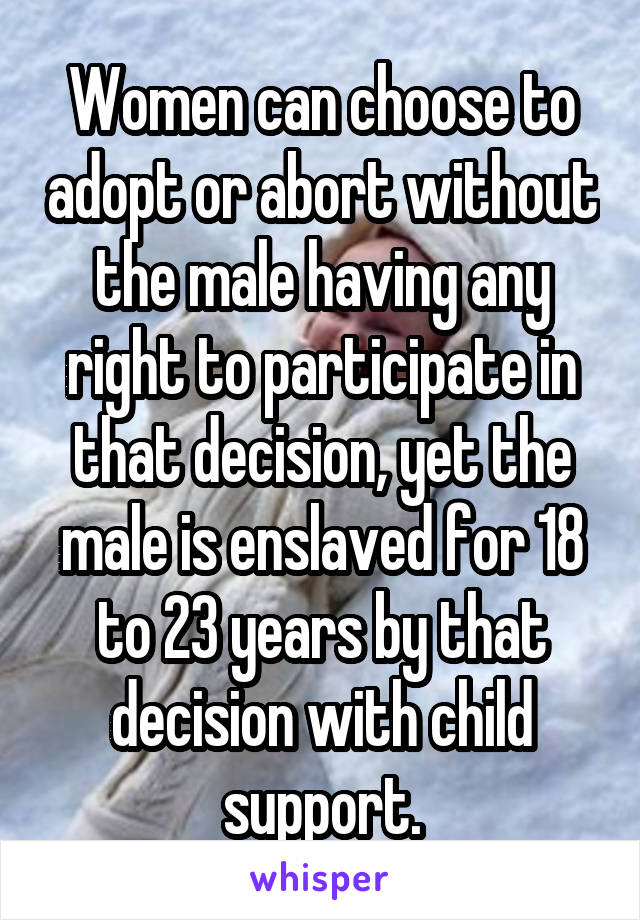 Women can choose to adopt or abort without the male having any right to participate in that decision, yet the male is enslaved for 18 to 23 years by that decision with child support.