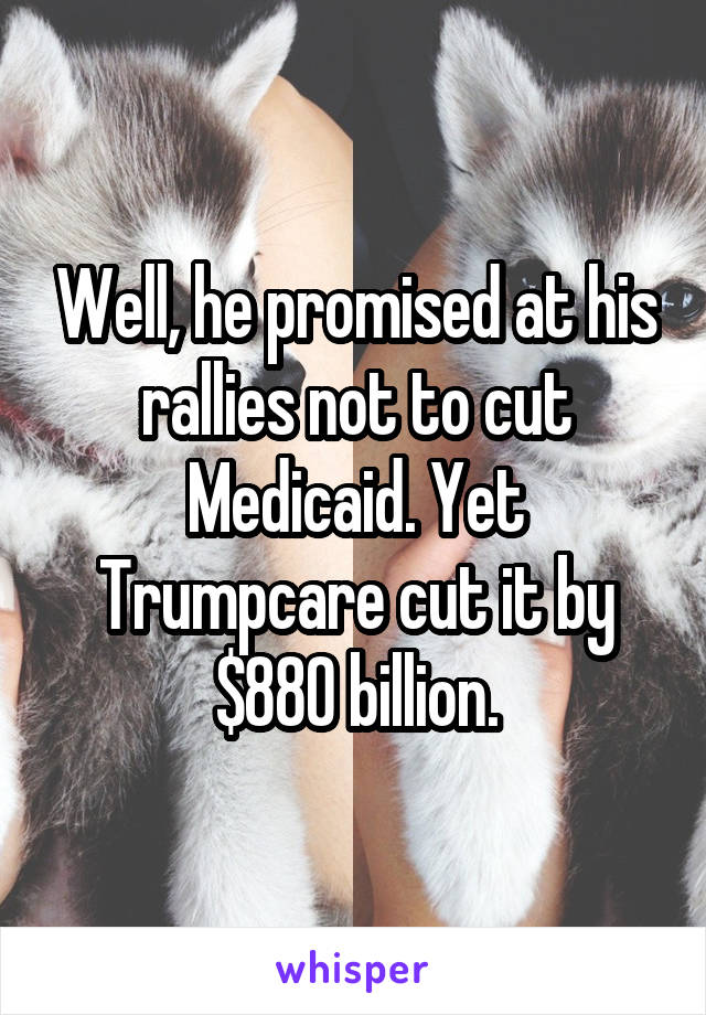 Well, he promised at his rallies not to cut Medicaid. Yet Trumpcare cut it by $880 billion.