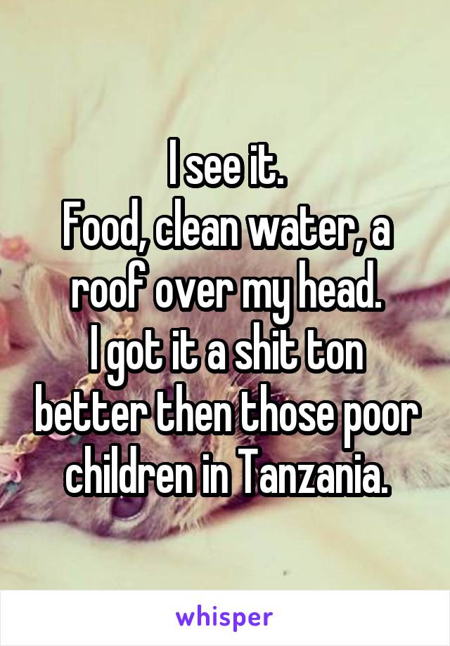 I see it.
Food, clean water, a roof over my head.
I got it a shit ton better then those poor children in Tanzania.