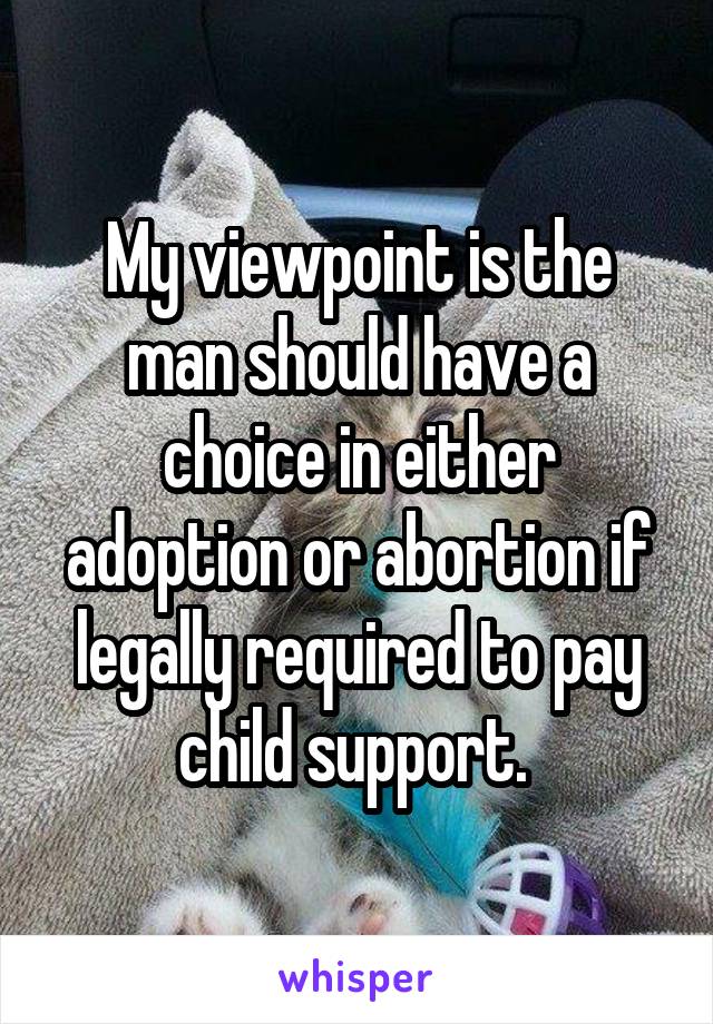 My viewpoint is the man should have a choice in either adoption or abortion if legally required to pay child support. 