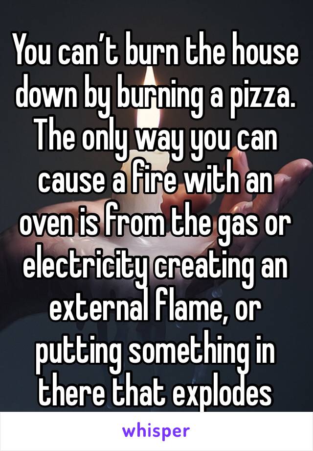 You can’t burn the house down by burning a pizza. The only way you can cause a fire with an oven is from the gas or electricity creating an external flame, or putting something in there that explodes