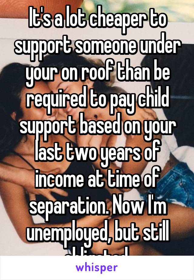 It's a lot cheaper to support someone under your on roof than be required to pay child support based on your last two years of income at time of separation. Now I'm unemployed, but still obligated.