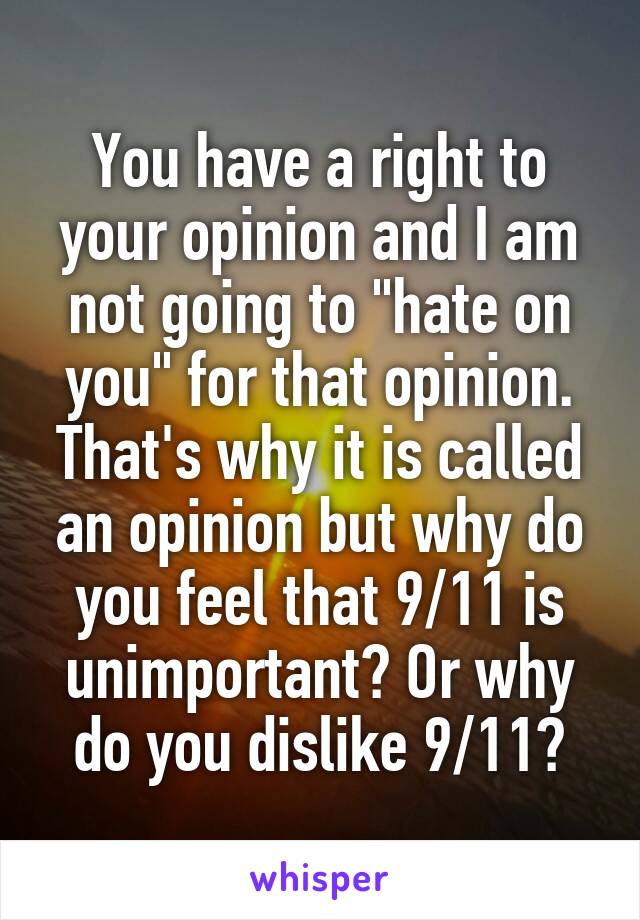 You have a right to your opinion and I am not going to "hate on you" for that opinion. That's why it is called an opinion but why do you feel that 9/11 is unimportant? Or why do you dislike 9/11?