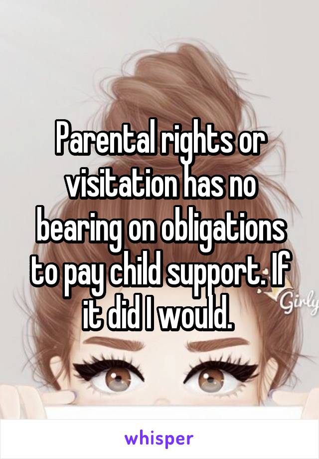 Parental rights or visitation has no bearing on obligations to pay child support. If it did I would. 