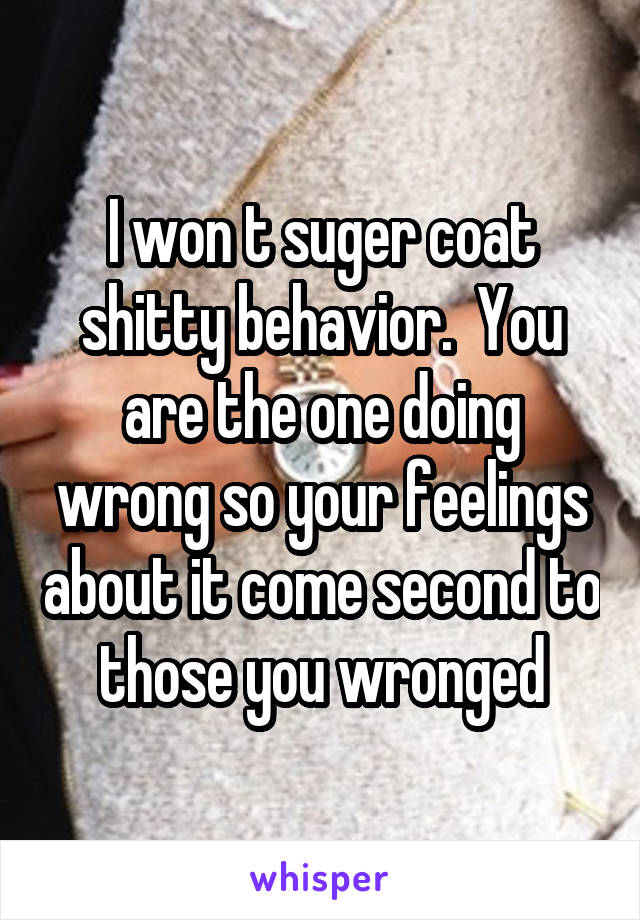 I won t suger coat shitty behavior.  You are the one doing wrong so your feelings about it come second to those you wronged