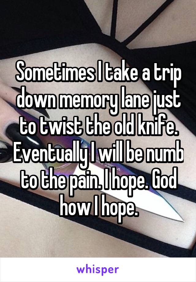 Sometimes I take a trip down memory lane just to twist the old knife. Eventually I will be numb to the pain. I hope. God how I hope.