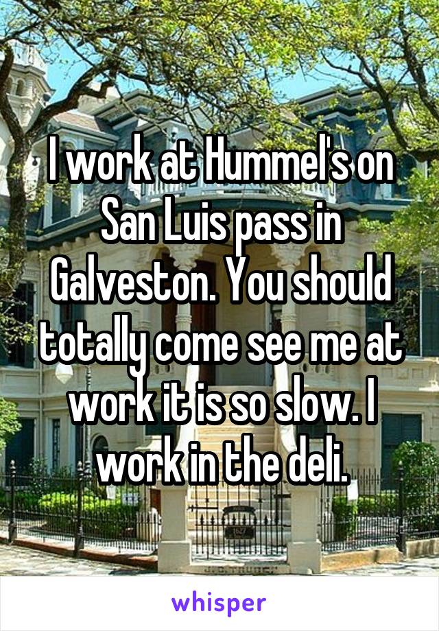 I work at Hummel's on San Luis pass in Galveston. You should totally come see me at work it is so slow. I work in the deli.