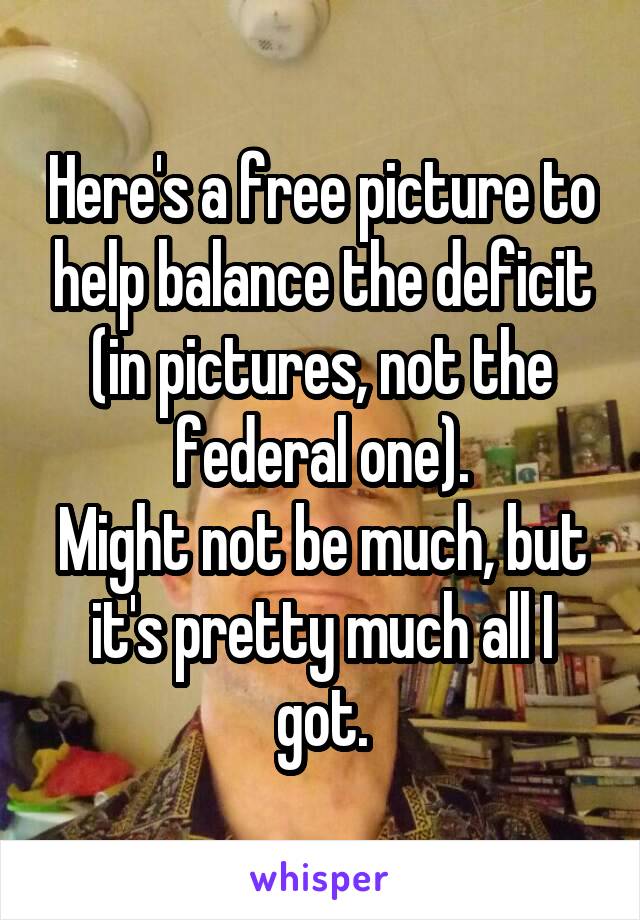 Here's a free picture to help balance the deficit (in pictures, not the federal one).
Might not be much, but it's pretty much all I got.