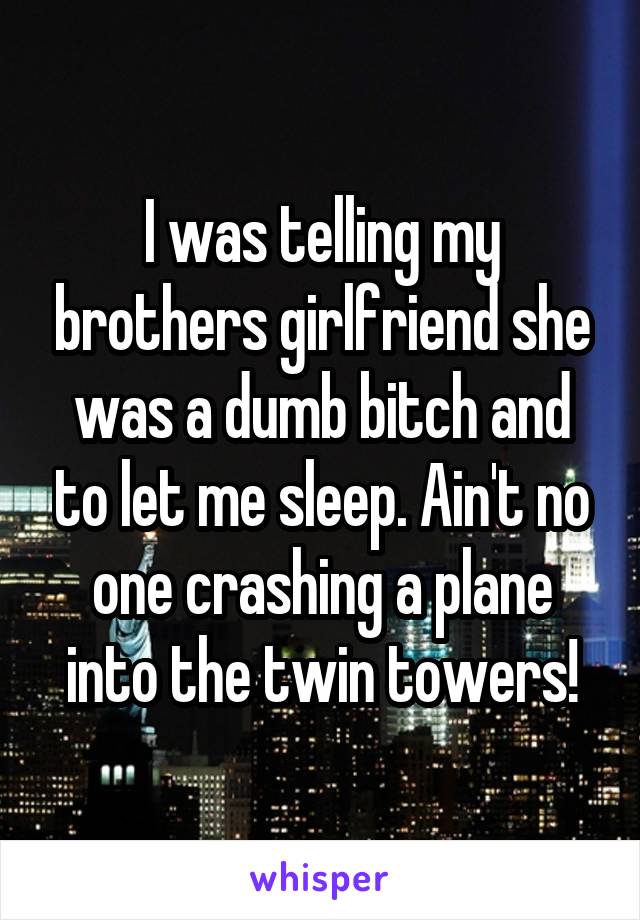 I was telling my brothers girlfriend she was a dumb bitch and to let me sleep. Ain't no one crashing a plane into the twin towers!