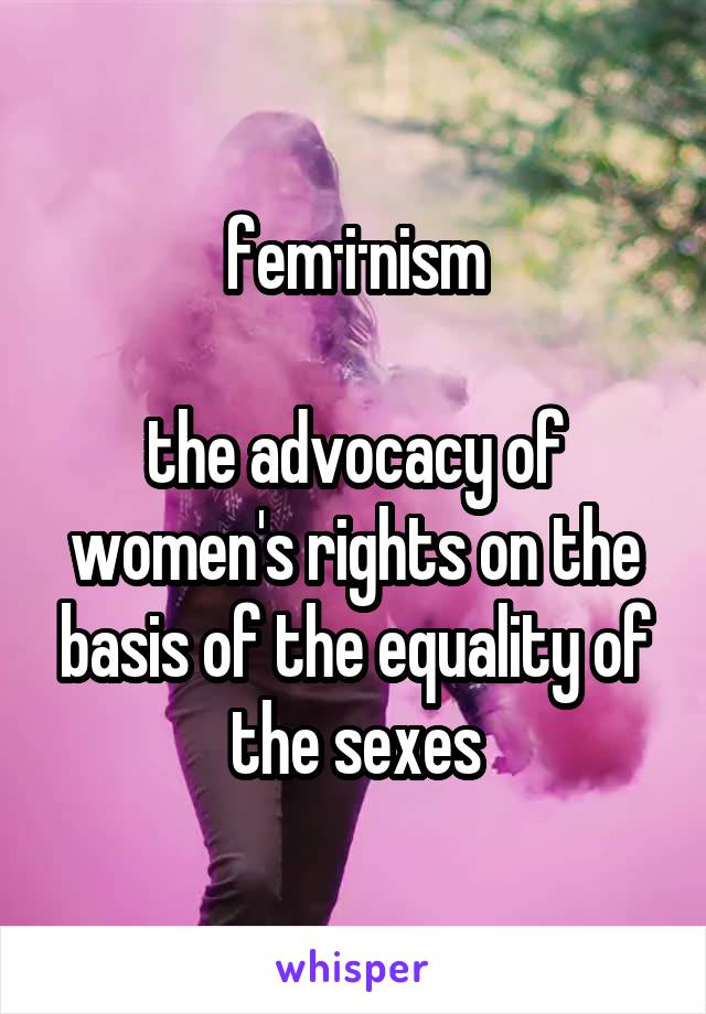 fem·i·nism

the advocacy of women's rights on the basis of the equality of the sexes