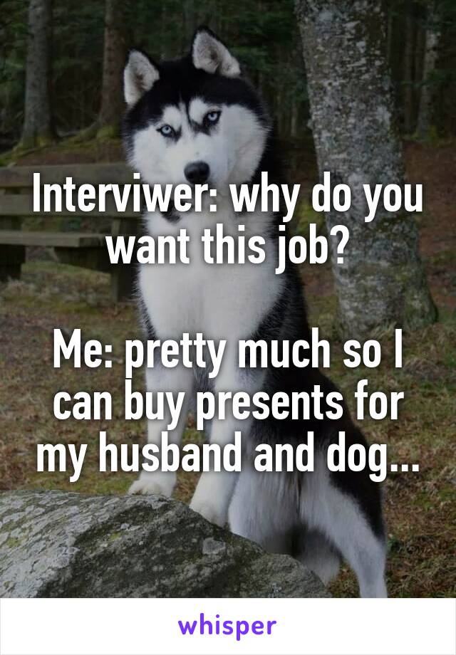 Interviwer: why do you want this job?
 
Me: pretty much so I can buy presents for my husband and dog...