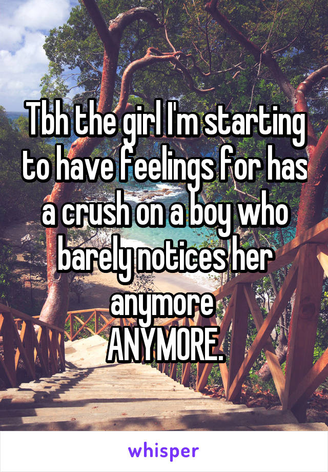 Tbh the girl I'm starting to have feelings for has a crush on a boy who barely notices her anymore 
ANYMORE.