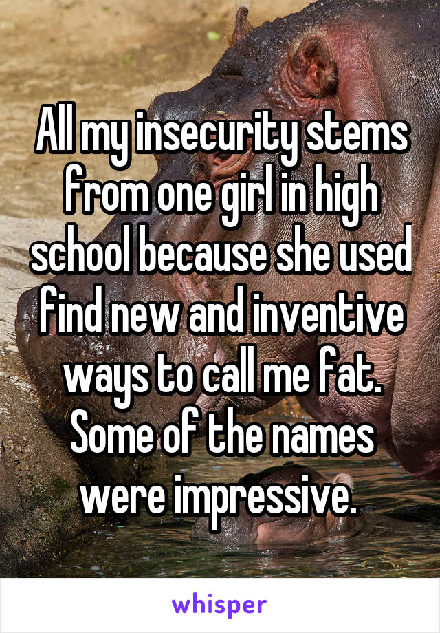 All my insecurity stems from one girl in high school because she used find new and inventive ways to call me fat. Some of the names were impressive. 