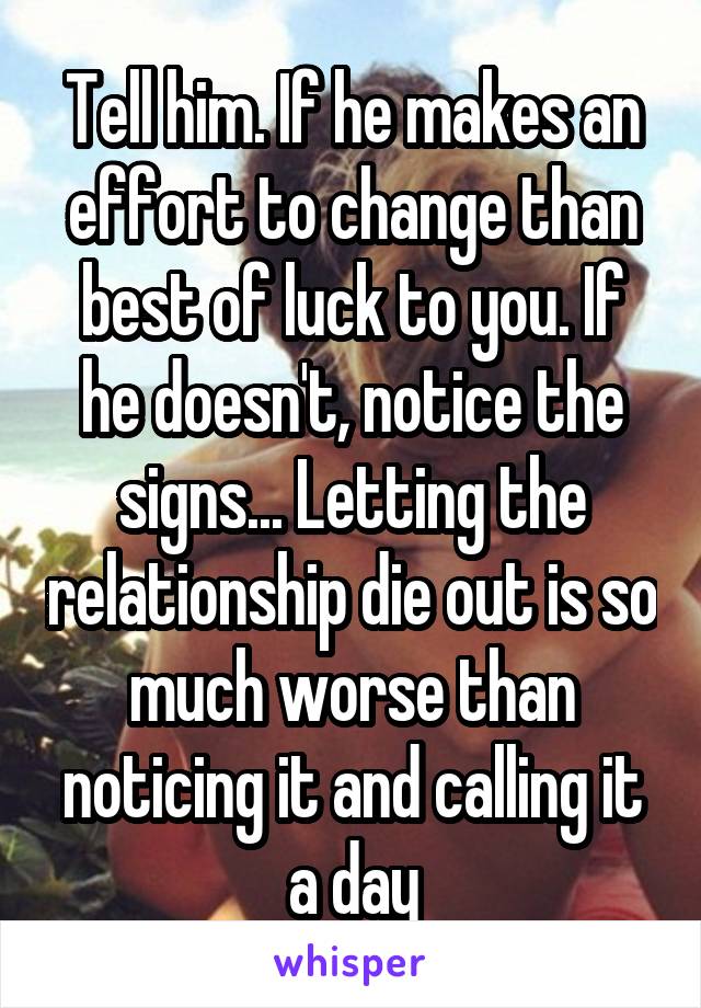 Tell him. If he makes an effort to change than best of luck to you. If he doesn't, notice the signs... Letting the relationship die out is so much worse than noticing it and calling it a day