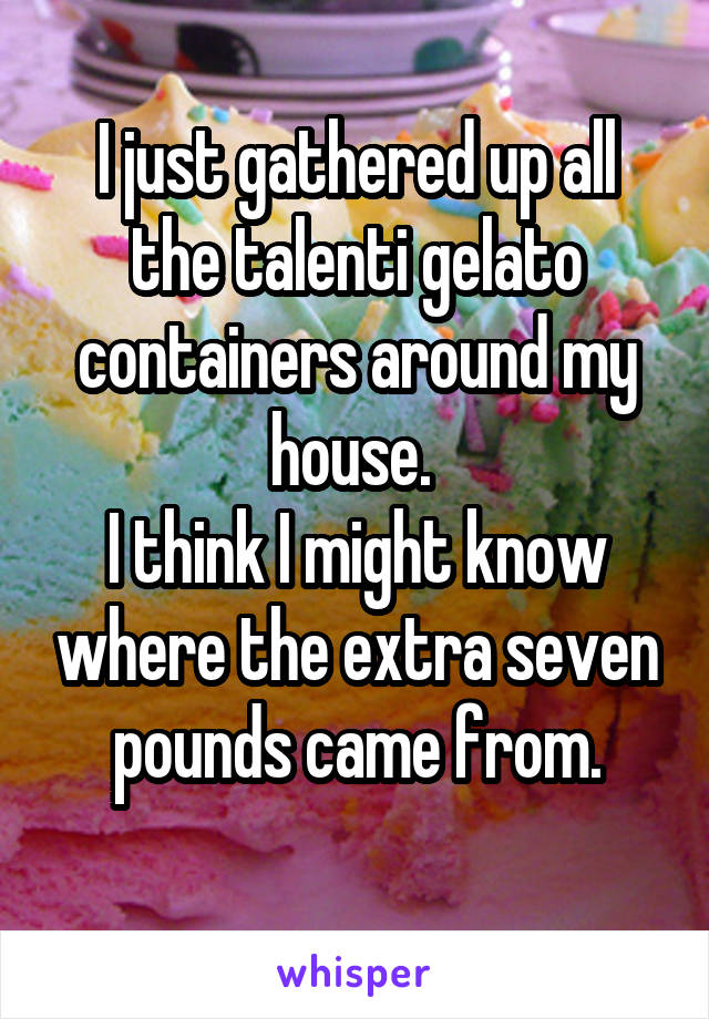 I just gathered up all the talenti gelato containers around my house. 
I think I might know where the extra seven pounds came from.
