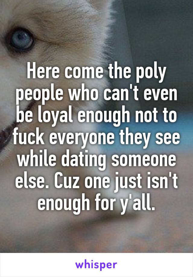 Here come the poly people who can't even be loyal enough not to fuck everyone they see while dating someone else. Cuz one just isn't enough for y'all.