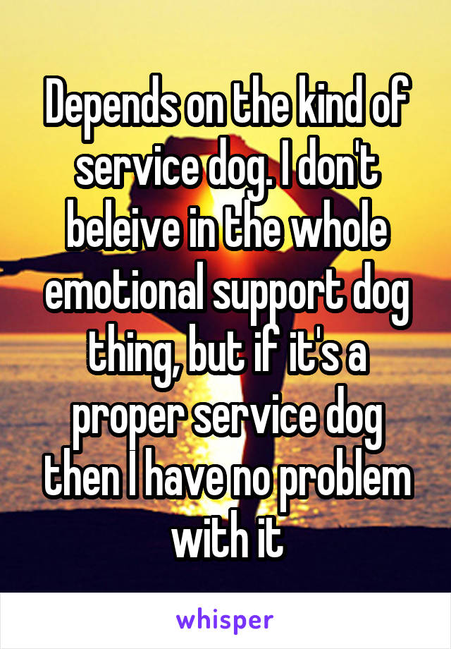 Depends on the kind of service dog. I don't beleive in the whole emotional support dog thing, but if it's a proper service dog then I have no problem with it