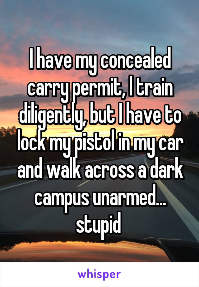 I have my concealed carry permit, I train diligently, but I have to lock my pistol in my car and walk across a dark campus unarmed... stupid 