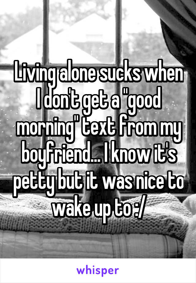 Living alone sucks when I don't get a "good morning" text from my boyfriend... I know it's petty but it was nice to wake up to :/