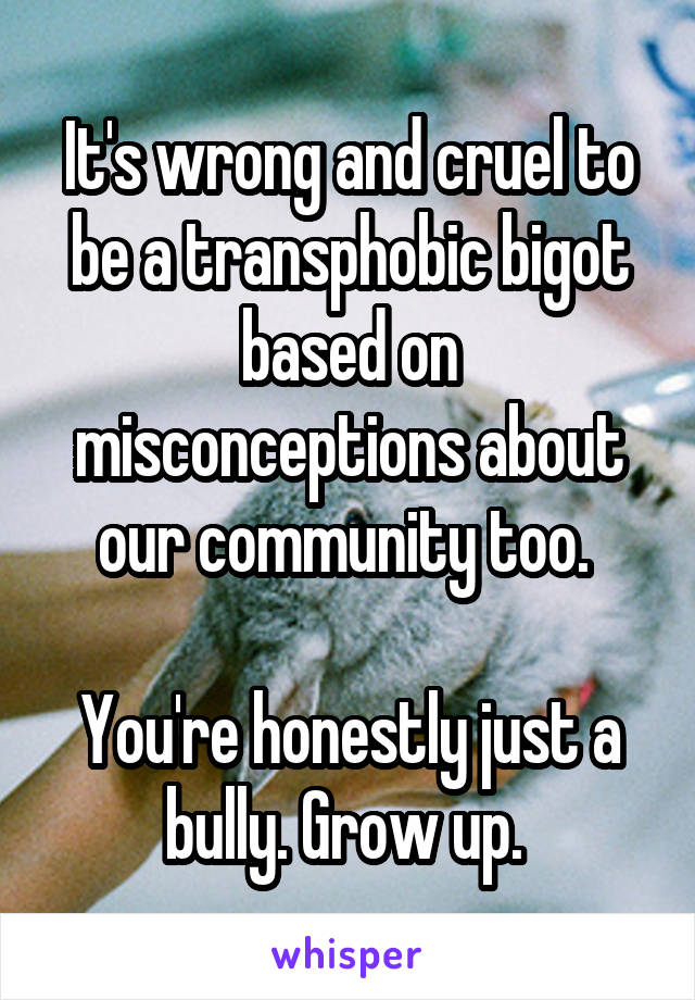 It's wrong and cruel to be a transphobic bigot based on misconceptions about our community too. 

You're honestly just a bully. Grow up. 