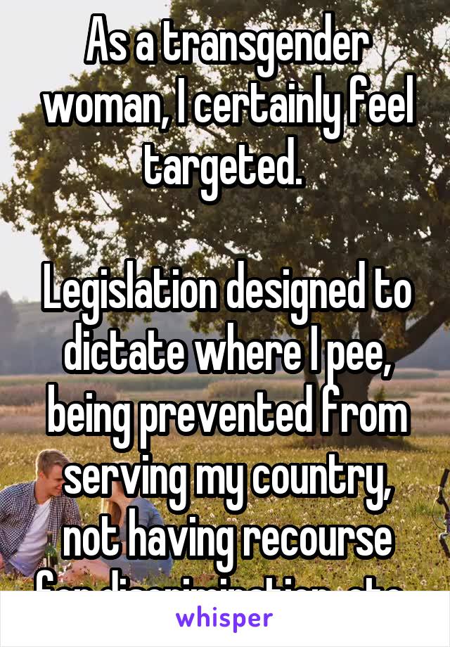 As a transgender woman, I certainly feel targeted. 

Legislation designed to dictate where I pee, being prevented from serving my country, not having recourse for discrimination, etc. 