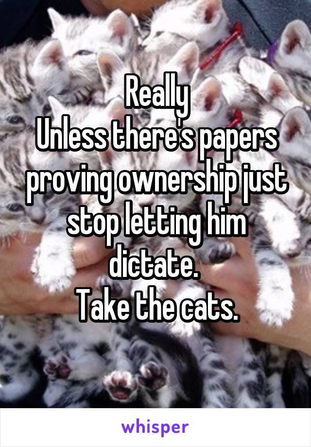 Really
Unless there's papers proving ownership just stop letting him dictate. 
Take the cats.
