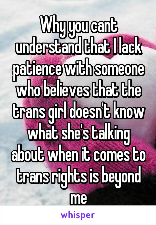 Why you cant understand that I lack patience with someone who believes that the trans girl doesn't know what she's talking about when it comes to trans rights is beyond me