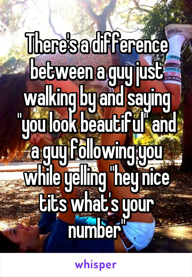 There's a difference between a guy just walking by and saying "you look beautiful" and a guy following you while yelling "hey nice tits what's your number"