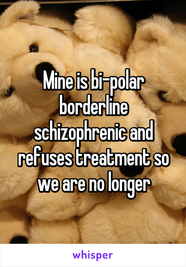 Mine is bi-polar borderline schizophrenic and refuses treatment so we are no longer