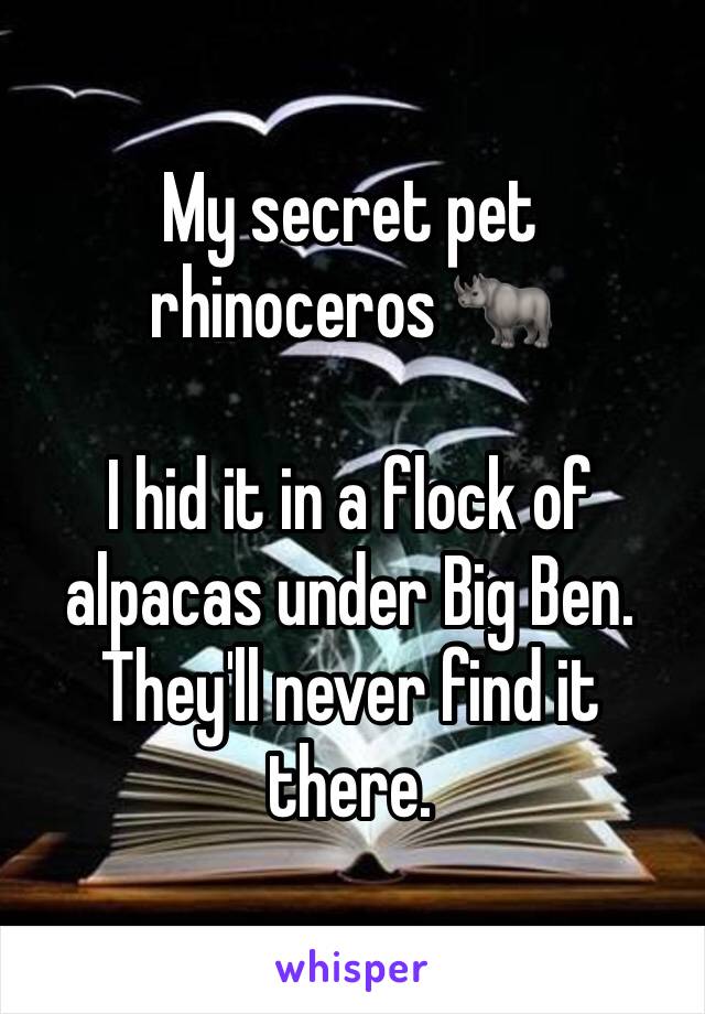 My secret pet rhinoceros 🦏 

I hid it in a flock of alpacas under Big Ben. They'll never find it there.