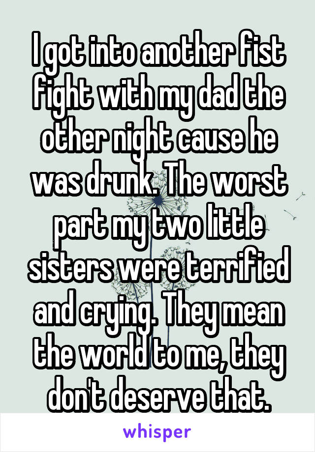 I got into another fist fight with my dad the other night cause he was drunk. The worst part my two little sisters were terrified and crying. They mean the world to me, they don't deserve that.
