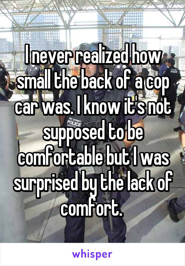 I never realized how small the back of a cop car was. I know it's not supposed to be comfortable but I was surprised by the lack of comfort. 